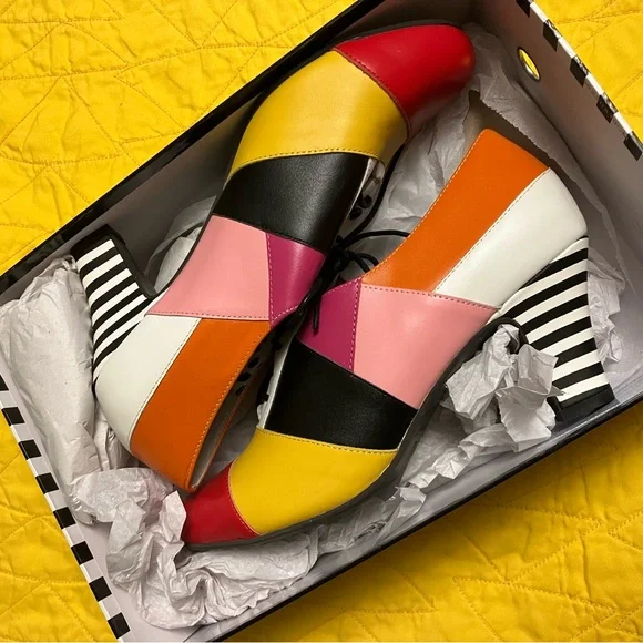 Lola Ramona NIB/ Unworn Colorful Patchwork with Stripe Heel Women's Shoes - Picture 1 of 11